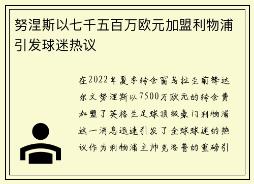 努涅斯以七千五百万欧元加盟利物浦引发球迷热议